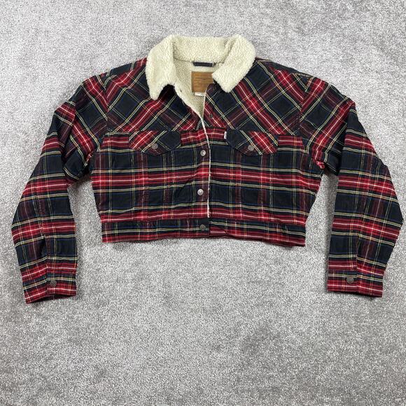 Levis Jacket Womens Large Corduroy Sherpa Plaid Cropped Trucker - Picture 1 of 16
